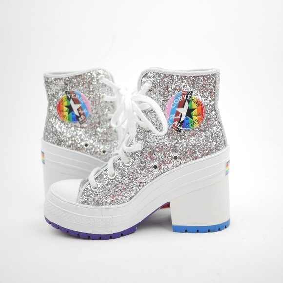 Converse All Star Women's 6 Silver Glitter Hi Top Sneakers Platform Shoes PRIDE - Picture 7 of 14